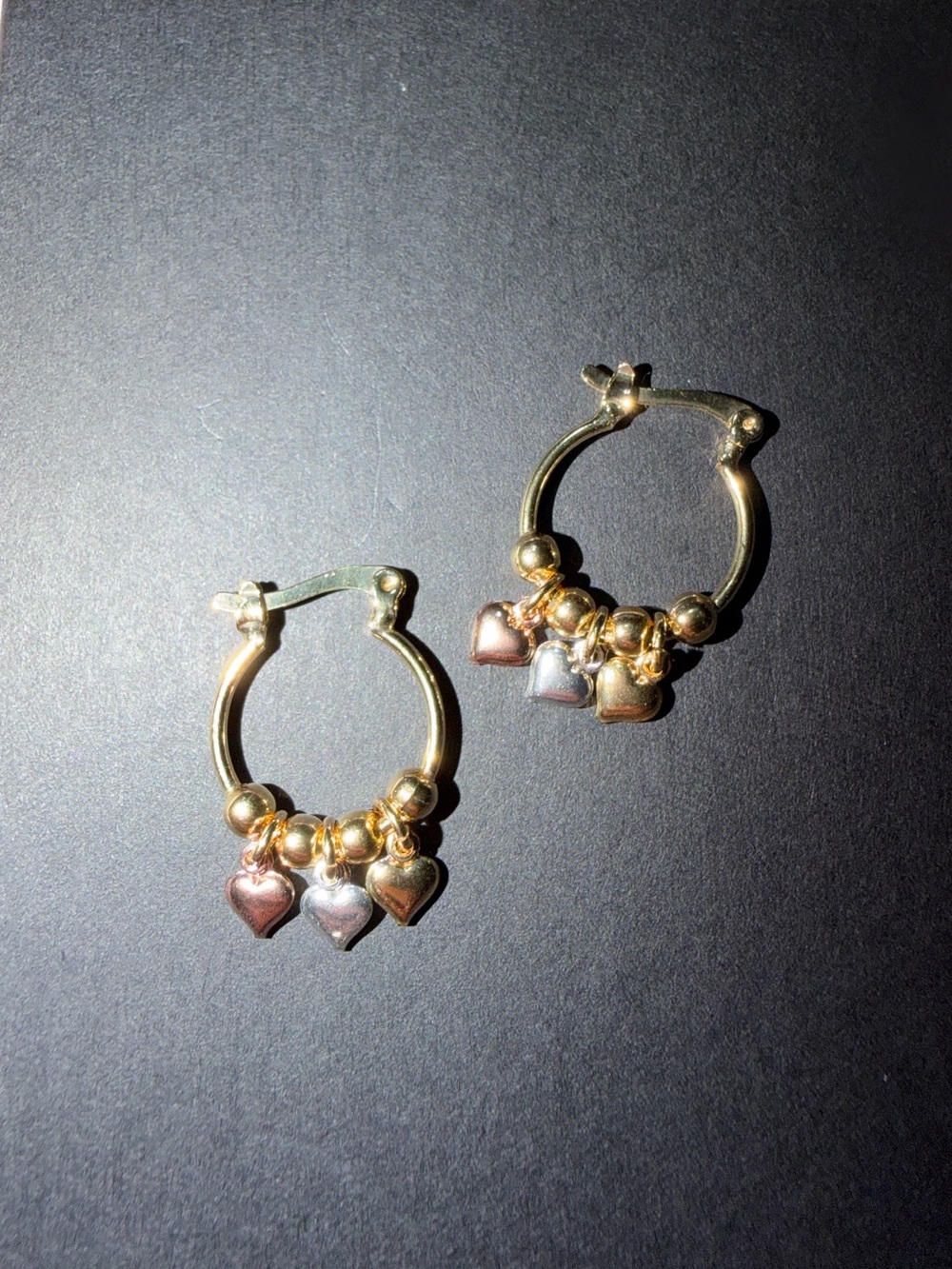 Gold Hoop Earrings with Tri-Tone Heart Charms